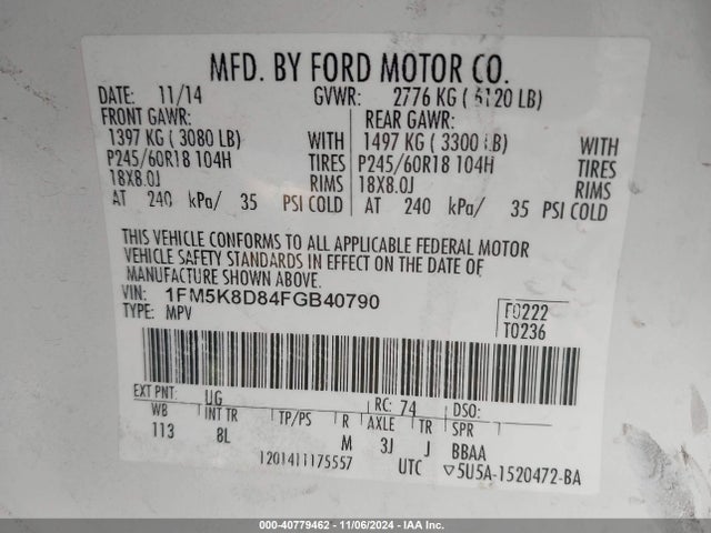 Ford EXPLORER XLT 2015 1FM5K8D84FGB40790 Image 9