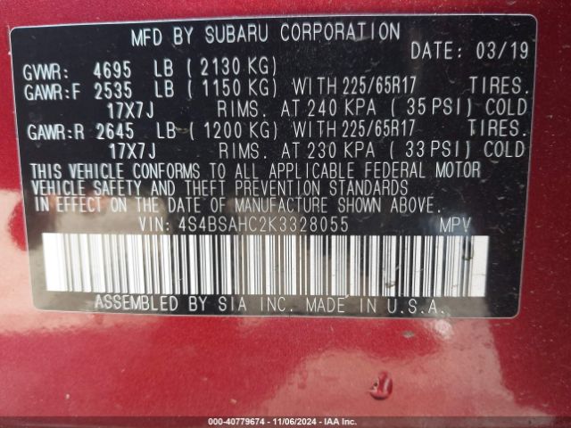 4S4BSAHC2K3328055 Subaru Outback 2.5i Premium