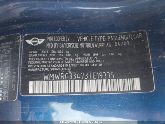 2003 MINI COOPER WMWRC33473TE19335 Photo 8
