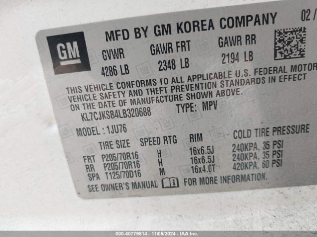 KL7CJKSB4LB320688 Chevrolet Trax Fwd Ls