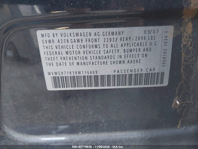 40779836 :رقم المزاد ، WVWGV71K38W116469 vin ، 2008 Volkswagen Gti 4-door (m6) (eop Cw 21/08) مزاد بيع