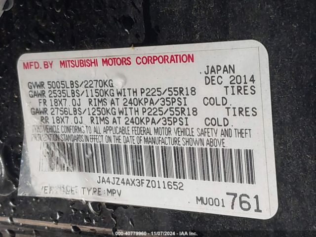 JA4JZ4AX3FZ011652 Mitsubishi OUTLANDER GT