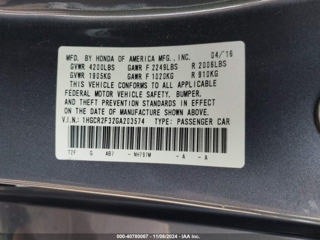 Honda ACCORD LX 2016 1HGCR2F32GA203574 Image 9