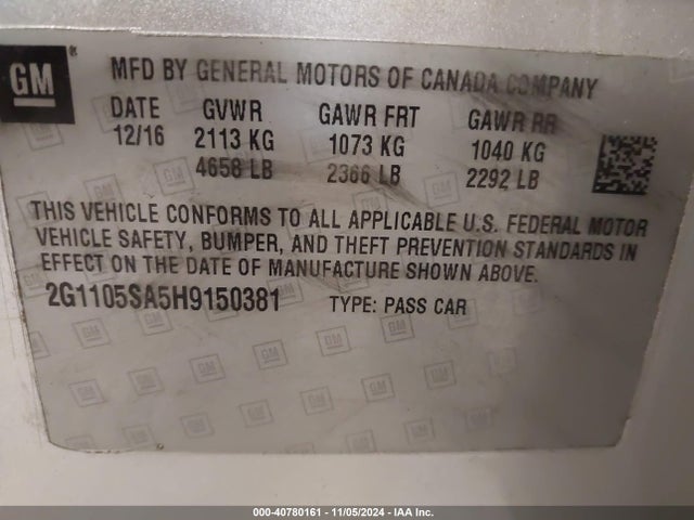Chevrolet IMPALA 1LT 2017 2G1105SA5H9150381 Image 9