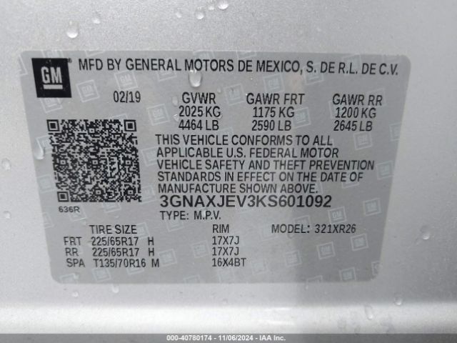 3GNAXJEV3KS601092 Chevrolet EQUINOX LT