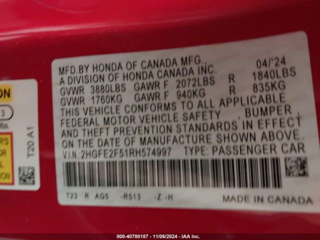 2HGFE2F51RH574997 Honda Civic Sport