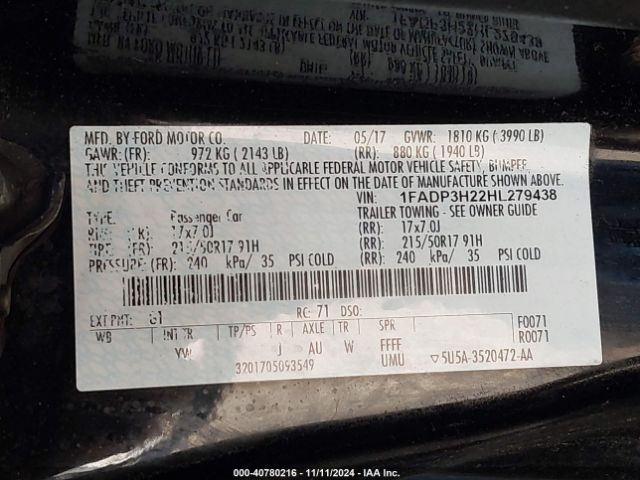 1FADP3H22HL279438 Ford FOCUS SEL