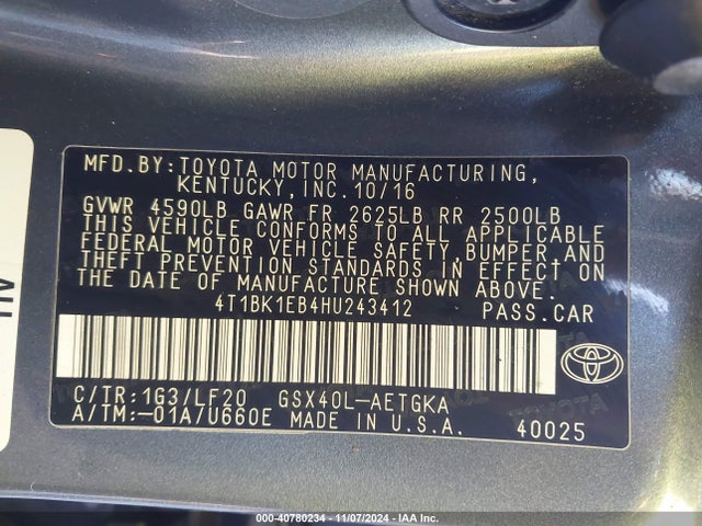 4T1BK1EB4HU243412 Toyota Avalon Xle Plus