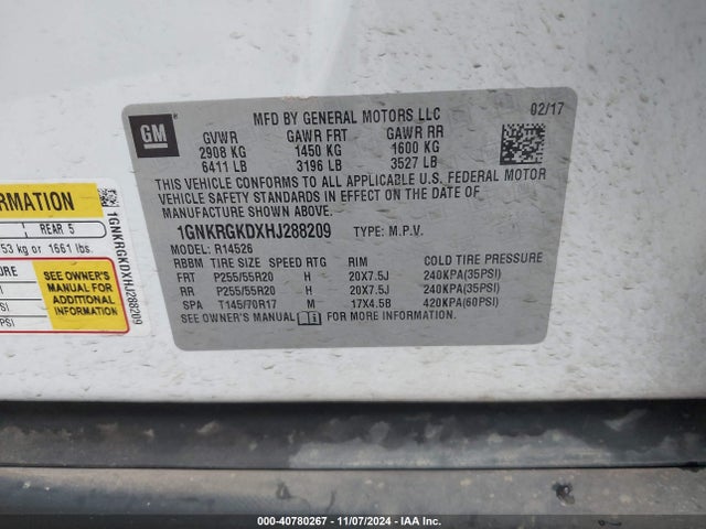 Chevrolet Traverse 1lt 2017 1GNKRGKDXHJ288209 Image 9