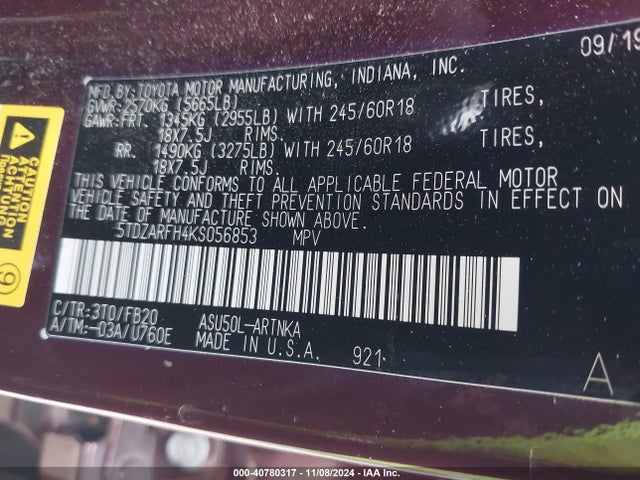 5TDZARFH4KS056853 Toyota Highlander Le