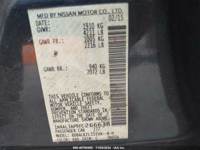 Nissan Altima 2.5 Sv 2015 1N4AL3AP9FC266638 Image 9