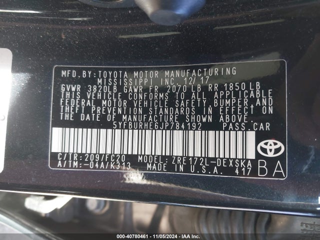 Toyota COROLLA SE 2018 5YFBURHE6JP784192 Image 9