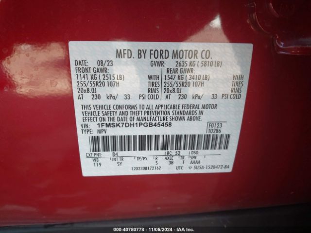 1FMSK7DH1PGB45458 Ford EXPLORER XLT