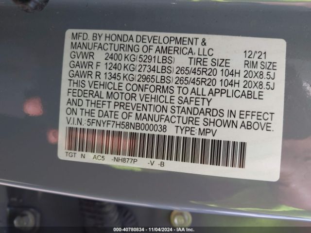 5FNYF7H58NB000038 Honda Passport 2wd Ex-l