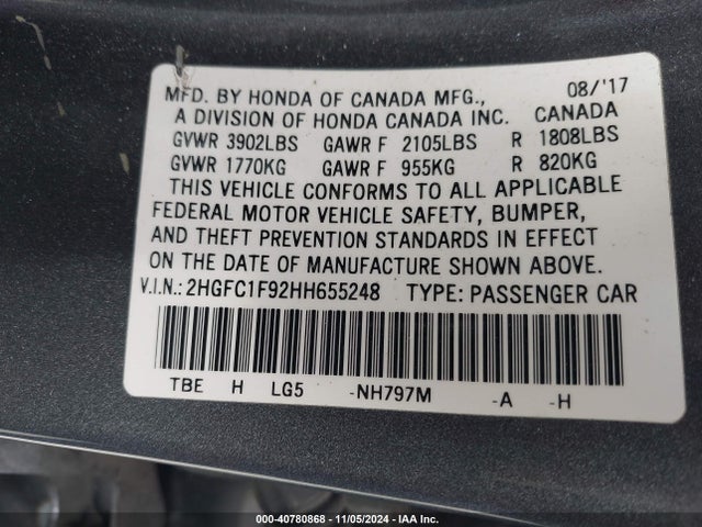 Honda Civic Touring 2017 2HGFC1F92HH655248 Image 9
