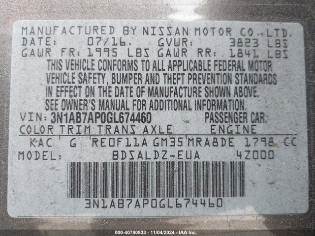 Nissan SENTRA SV 2016 3N1AB7AP0GL674460 Image 9