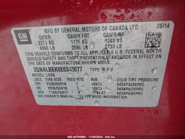 Chevrolet EQUINOX 1LT 2014 2GNALBEK8E6343677 Image 9