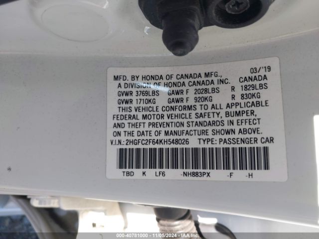 Honda Civic Lx 2019 2HGFC2F64KH548026 Image 9