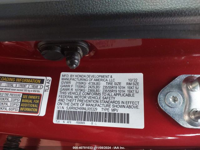 5J6RW2H99NL005329 Honda Cr-v Awd Touring