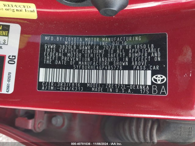 Toyota COROLLA LE 2016 5YFBURHE4GP485776 Image 9