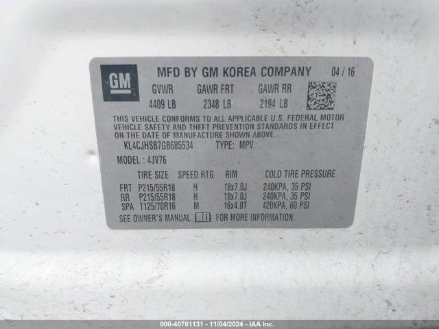 KL4CJHSB7GB685534 Buick Encore Premium