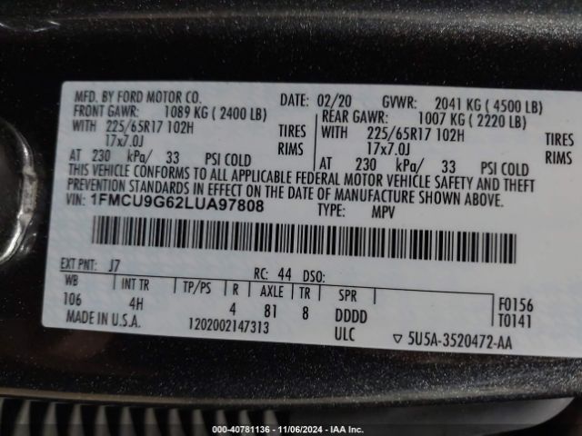 1FMCU9G62LUA97808 Ford ESCAPE SE