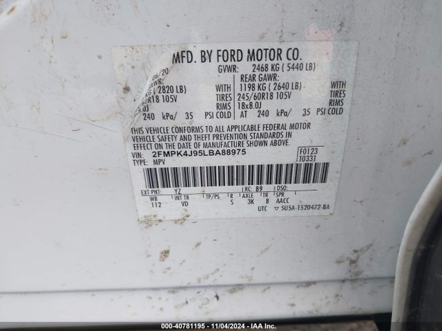 Ford EDGE SEL 2020 2FMPK4J95LBA88975 Image 9