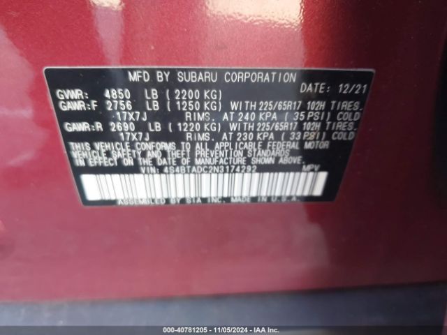 4S4BTADC2N3174292 Subaru Outback Premium