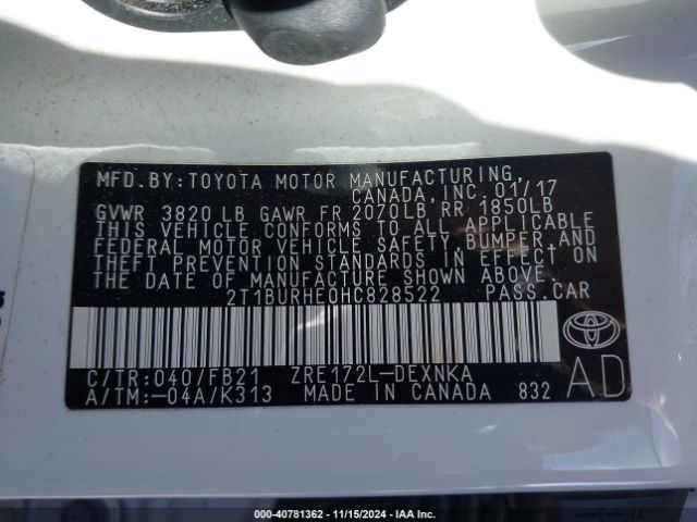 2T1BURHE0HC828522 Toyota Corolla L/le/xle/se/xse