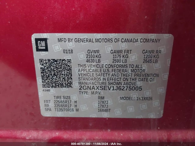 2GNAXSEV1J6275005 Chevrolet EQUINOX LT