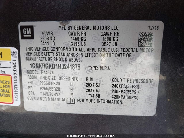 Chevrolet Traverse 1lt 2017 1GNKRGKD1HJ241876 Image 9