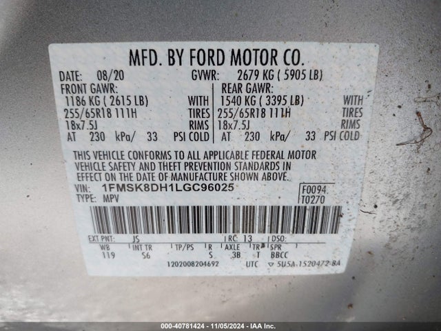 Ford EXPLORER XLT 2020 1FMSK8DH1LGC96025 Image 9