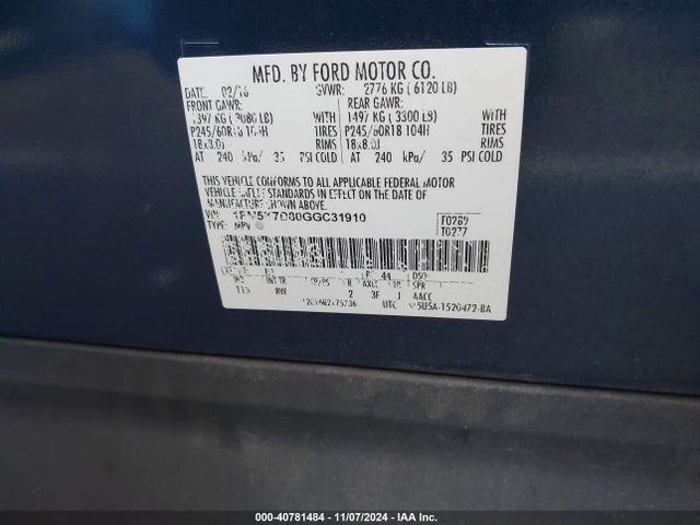 Ford EXPLORER XLT 2016 1FM5K7D80GGC31910 Image 9