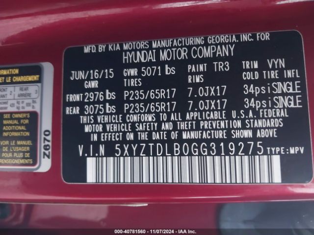 5XYZTDLB0GG319275 Hyundai Santa Fe Sport 2.4l