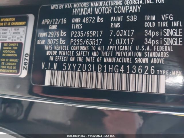 5XYZU3LB1HG413626 Hyundai Santa Fe Sport 2.4l