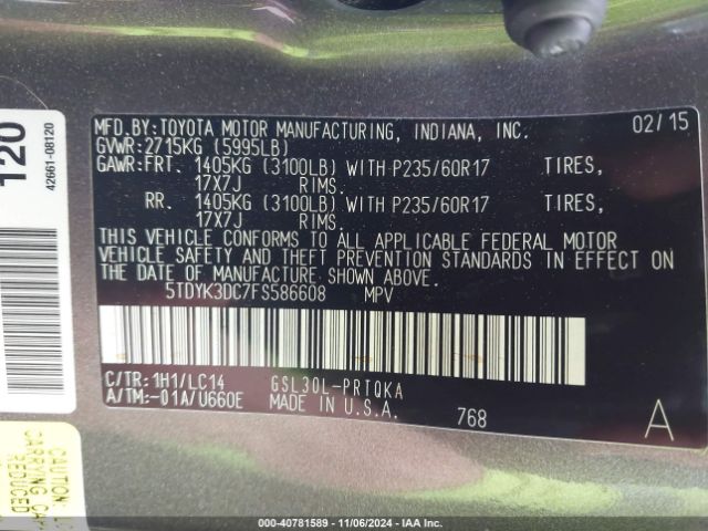 5TDYK3DC7FS586608 Toyota Sienna Xle 8 Passenger
