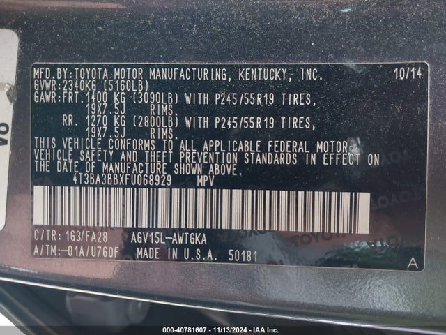 4T3BA3BBXFU068929 Toyota VENZA LE