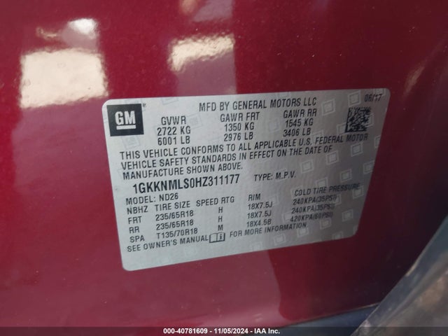 1GKKNMLS0HZ311177 GMC Acadia Slt-1