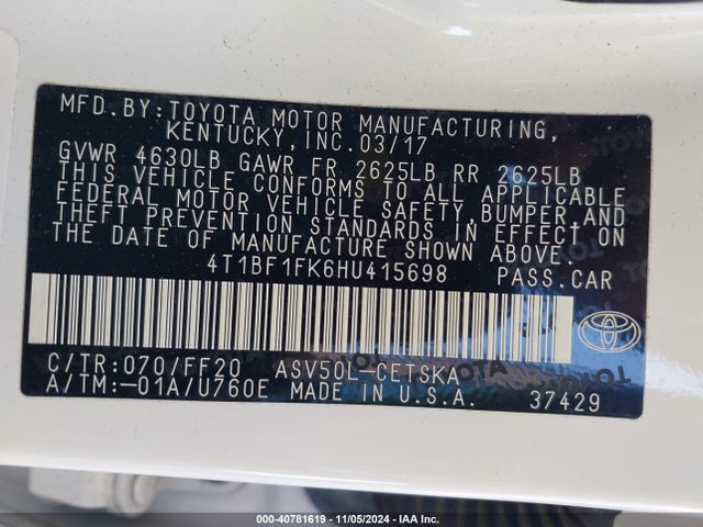 Toyota CAMRY SE 2017 4T1BF1FK6HU415698 Image 9