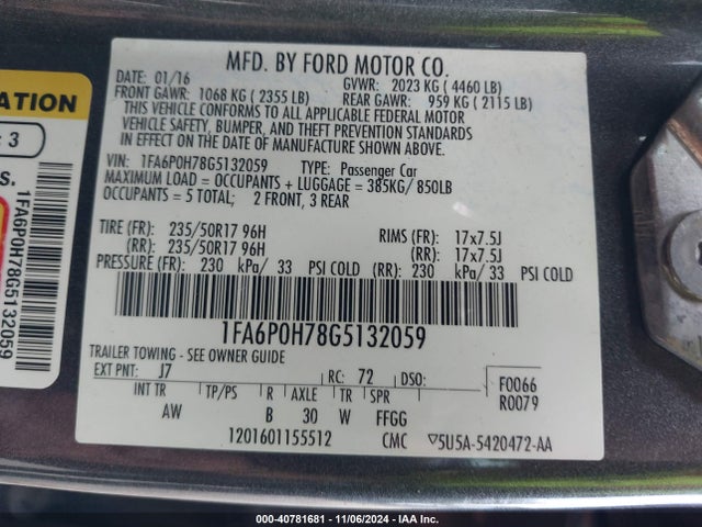 Ford FUSION SE 2016 1FA6P0H78G5132059 Image 9
