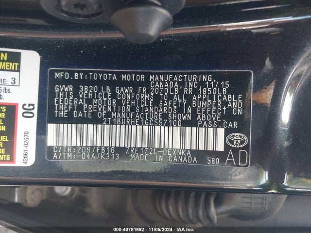Toyota COROLLA LE 2016 2T1BURHE1GC557100 Image 9