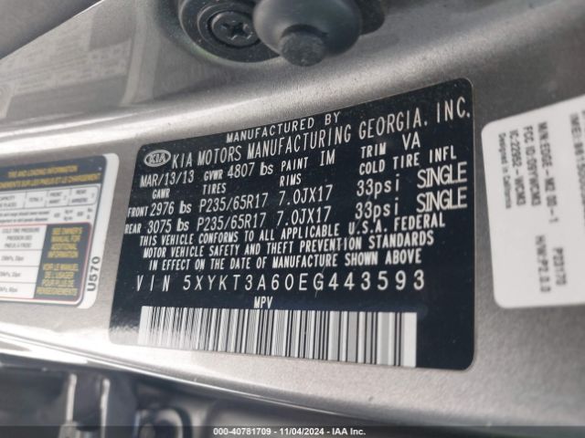 5XYKT3A60EG443593 KIA SORENTO LX