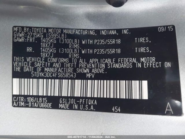 5TDYK3DC4FS658543 Toyota Sienna Limited 7 Passenger