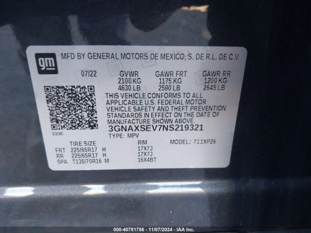 3GNAXSEV7NS219321 Chevrolet Equinox Awd Ls