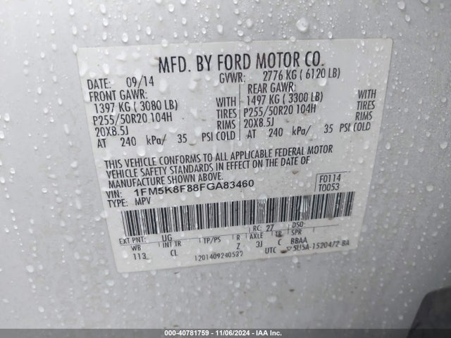 Ford Explorer Limited 2015 1FM5K8F88FGA83460 Image 9