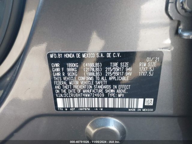 3CZRU6H74MM724609 Honda Hr-v Awd Ex-l