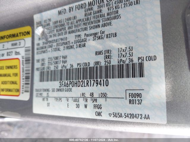 3FA6P0HD2LR179410 Ford FUSION SE
