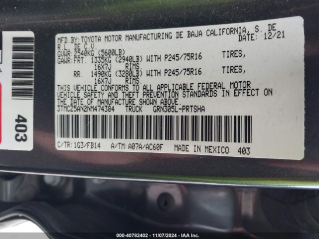 3TMCZ5AN2NM474384 Toyota Tacoma Sr V6