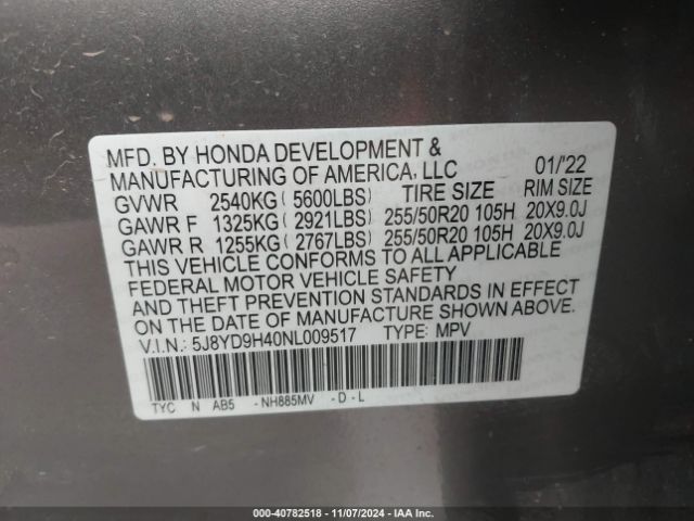 5J8YD9H40NL009517 Acura Mdx Technology Package