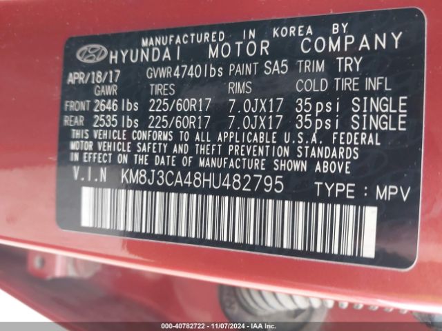 KM8J3CA48HU482795 Hyundai Tucson Se Plus